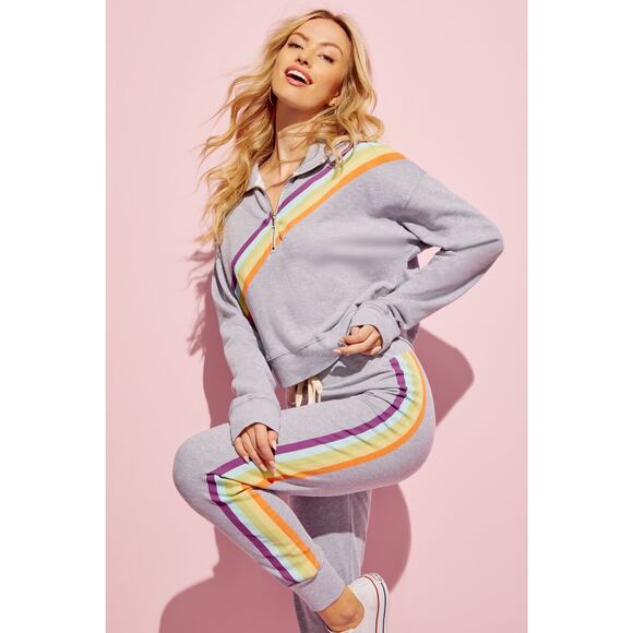 Wildfox Sweaters - Wildfox Womens Rainbow Stripe Half Zip Sweatshirt in Grey Heather Sz L | Comfort